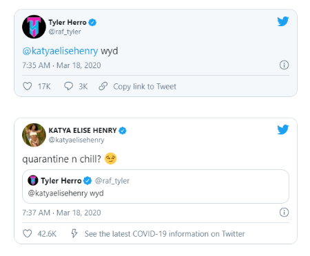 Katya Elise Henry and her boyfriend Tyler Herro mentioning each other in their Twitter tweet